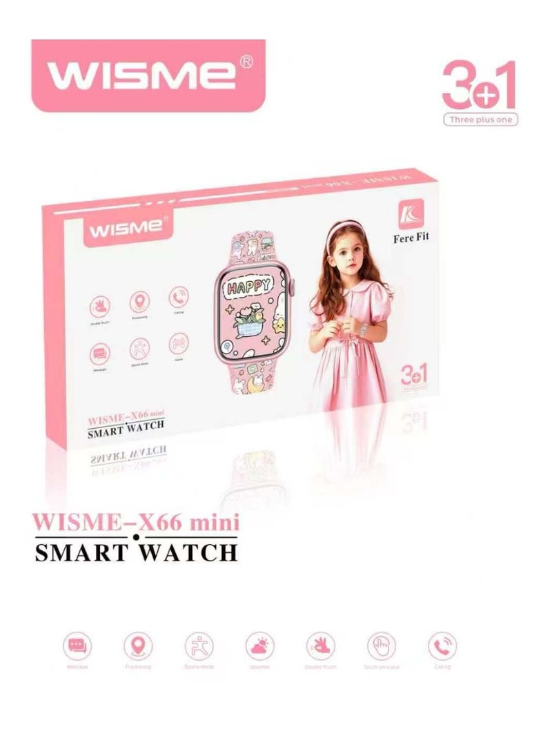WISME X66 Mini Kids Smart Watch With Bluetooth Calling 3 Pair Straps and Charging Cable Pink - Image 2